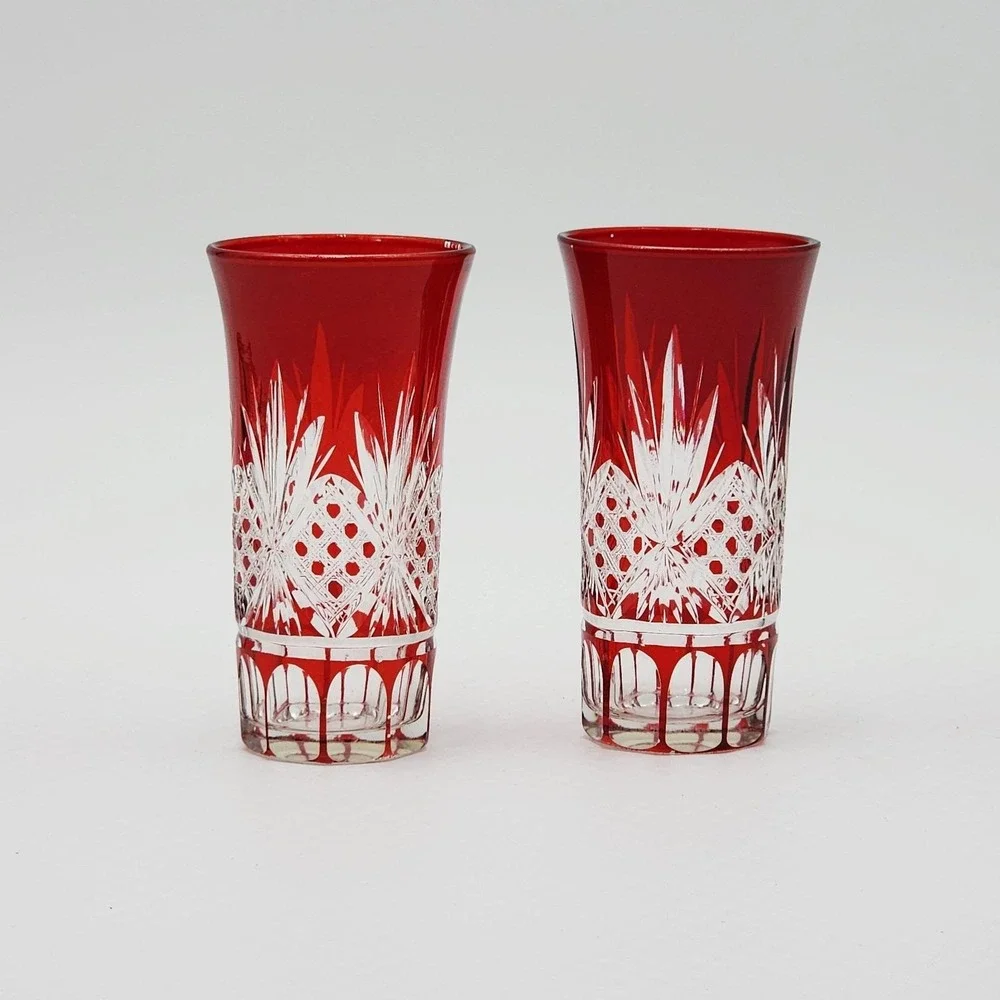Vintage Bohemian Ruby Red Cut to Clear Crystal Tumbler Highball Glasses Pair